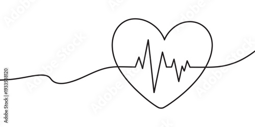Minimalist black line drawing of a heart with an electrocardiogram pulse line passing through it Vector, illustration