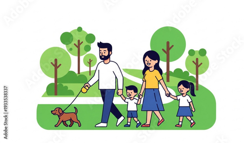 Family outing vector illustration with parents and children walking pet dog outdoors