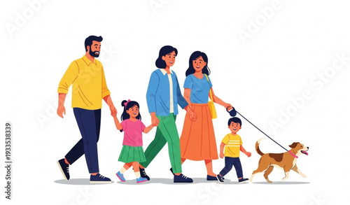 Family and dog vector illustration enjoying outdoor walk in modern lifestyle concept
