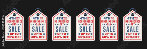4th of july Independence day sale tags showcasing various discounts for holiday promotions, retail marketing, discount banners and festive ecommerce visuals.