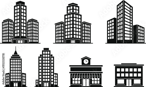 City Buildings Icon Set, Modern Skyscraper and Commercial Storefront Vector Illustration, Urban Architecture Collection for Real Estate, Business and Downtown Design