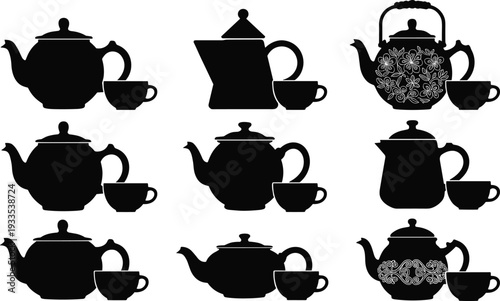Collection of elegant teapot and cup silhouettes set, vintage tea kettle icons isolated on white background, classic ceramic teaware illustration for design