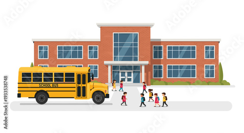 A traditional brick school building stands behind a classic yellow school bus and a diverse group of eight elementary-aged children.