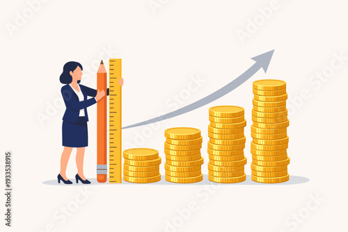 Business Growth and Income Success Concept with Businesswoman Holding a Pencil and Ruler Measuring a Stack of Gold Coins and an Upward Arrow Representing Financial Progress and Profit Increase.