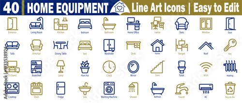 Modern home equipment line art icons. Including room layouts, furniture, electronics, appliances, plumbing fixtures, and climate control devices for smart house systems vector illustration.