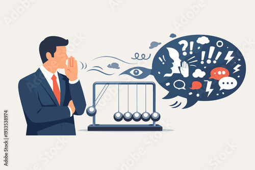 Professional Businessman Whispering Near Newton's Cradle with a Chat Bubble Full of Symbols, Representing the Impact of Words, Gossip, and Communication Dynamics in a Business Environment.