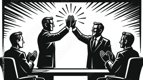 Corporate business team celebrating success with high five in meeting, teamwork collaboration, leadership motivation, professional achievement, partnership growth, office strategy illustration concep