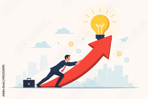 Ambitious businessman pushing a large red growth arrow upwards with a glowing light bulb on top, representing creative ideas, innovation, financial success, and corporate progress in a city.