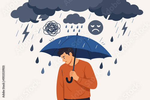 Sad man with umbrella under dark storm clouds representing depression, anxiety, and mental health issues. Vector illustration of psychological distress, emotional burnout, and stress protection.