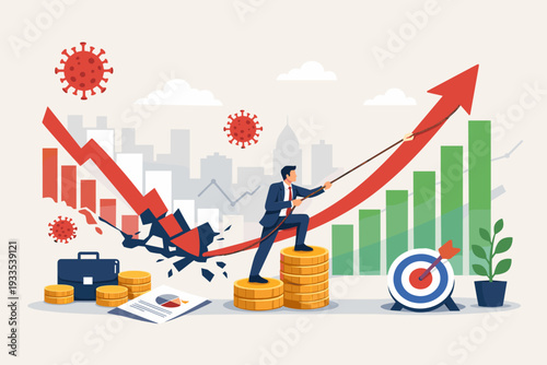 Businessman pulling up a red arrow to recover the economy from a financial crisis caused by the pandemic. Growth chart showing business restoration, survival, and success after a market crash.