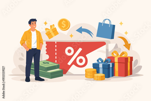 Vector Illustration of a Man Standing Near a Large Discount Voucher, Gift Boxes, and Stacks of Money Representing Cashback Rewards, Loyalty Programs, Savings, and Online Shopping Incentives.