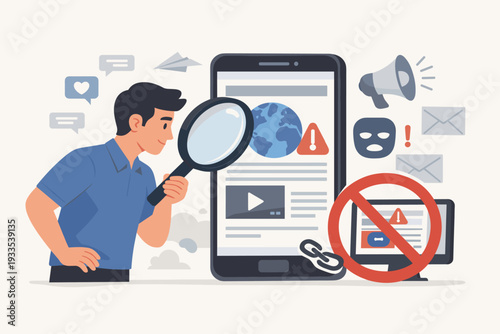 Man with Magnifying Glass Checking News on Smartphone to Stop Fake News and Misinformation; Concept of Digital Literacy, Fact Checking, and Internet Security with Warning Icons and Symbols.