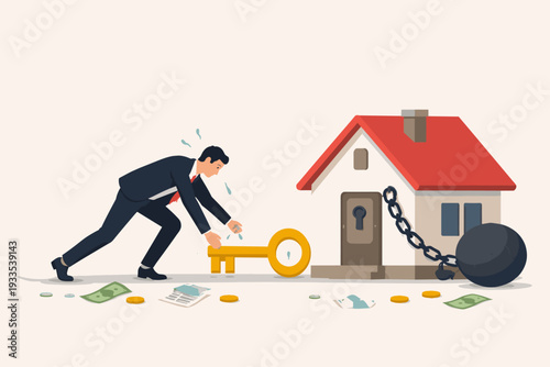 Businessman Struggling with Mortgage Debt and Housing Crisis, Man Trying to Pick Up Key to a House Chained to a Heavy Weight Representing Financial Burden, Foreclosure, and Economic Hardship Concept
