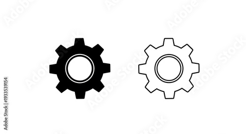 Set of 2 Black Gear Icons Vector - Solid and Outline Cogwheel Symbols for Settings, Configuration, and Mechanical Process Design Elements