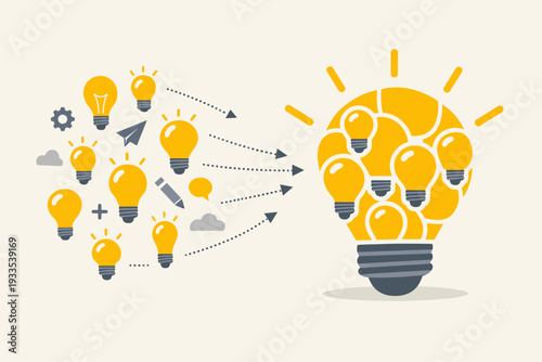 Concept of combining multiple small ideas into one big innovative solution. Illustration of many small light bulbs merging into a large glowing bulb, representing brainstorming and synergy.