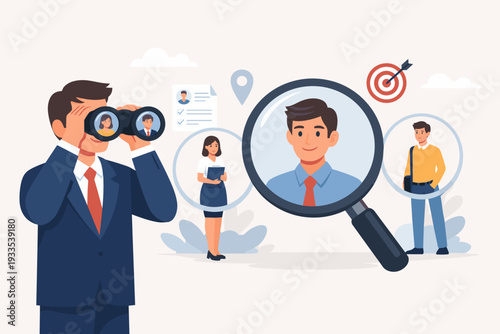 Recruitment and Job Search Concept with Businessman Looking Through Binoculars to Find the Best Candidate for a Career Opportunity. Human Resources Management and Talent Acquisition Illustration.