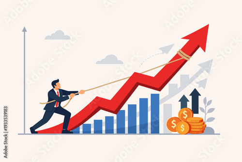 Businessman pulling a large red upward arrow with a rope, symbolizing business growth, economic recovery, and profit increase. Financial success, market progress, and corporate achievement concept.