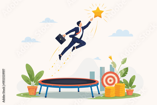 Businessman Jumping on Trampoline to Reach a Shining Star, Concept of Business Growth, Achievement, Success, Ambition, and Reaching Goals with Target, Money Coins, and Bar Chart Illustration