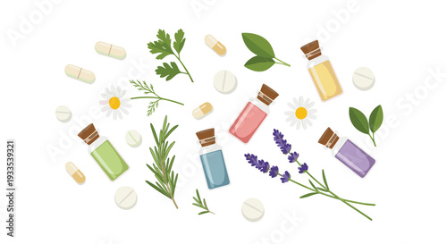 Various colorful glass bottles with cork stoppers, white and yellow pills, fresh green herbs, and white chamomile flowers are scattered on a clean white background.