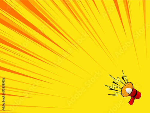 Retro pop art illustration of a megaphone with lightning bolts on a vibrant yellow and orange radial sunburst background. Ideal for marketing and announcements.