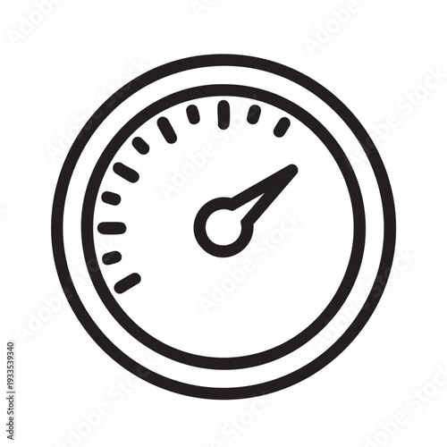 A simple line art illustration of a speedometer or tachometer gauge on a white background from a straight-on viewpoint