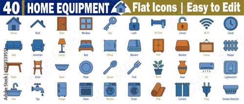 Home equipment flat icons set, featuring house, roof, door, window, key, lock, sensor, wifi, clock, sofa, armchair, lamp, bed, pillow, and more vector illustration.