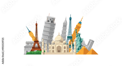 Prominent global landmarks such as the Leaning Tower of Pisa, Eiffel Tower, and Taj Mahal are clustered together against a plain white background.
