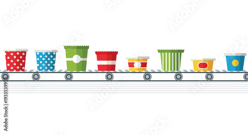Eight colorful, patterned food containers of various shapes and sizes are moving along a horizontal conveyor belt on a white background.