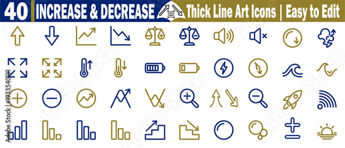 Thick line art icons showing increase and decrease concepts for business growth financial trends and data analysis with up and down arrows and graphs vector illustration.