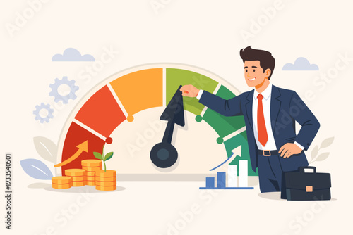 Businessman Adjusting Credit Score Gauge to High Level, Young Professional Improving Financial Rating and Personal Account Information, Concept of Financial Growth, Investment and Business Success