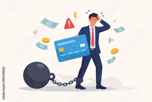Businessman Stressed by Credit Card Debt and Financial Burden Concept Illustration. Man Chained to a Heavy Weight Ball Holding a Large Credit Card with Flying Money and Warning Sign Symbol.