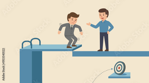 Business Mentoring and Coaching Concept with Anxious Businessman Standing on a Diving Board and a Supportive Guide Pointing Towards a Target Goal to Overcome Fear and Achieve Success.