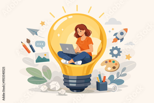 Creative Woman Designer or Content Creator Sitting Inside a Large Glowing Lightbulb Working on a Laptop, Vector Illustration Concept for Innovation, Brainstorming, and Digital Art Development