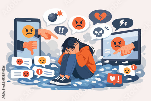 Cyberbullying and Online Harassment Concept Illustration with a Sad Girl Surrounded by Negative Social Media Comments, Hate Speech, and Aggressive Digital Interactions on Smartphone and Computer.