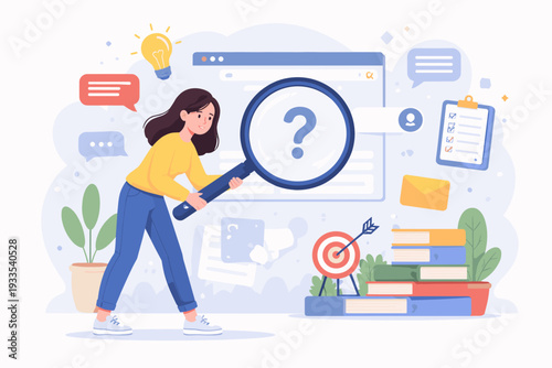 Concept of frequently asked questions and search for information. Woman holding a large magnifying glass with a question mark, surrounded by books, target, light bulb, and checklist icons. Vector.