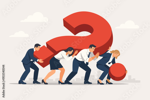 Business Team Carrying a Massive Red Question Mark, Concept for Solving Hard Business Problems, Overcoming Challenges, Teamwork, Collaboration, Uncertainty, and Finding Solutions in Corporate.