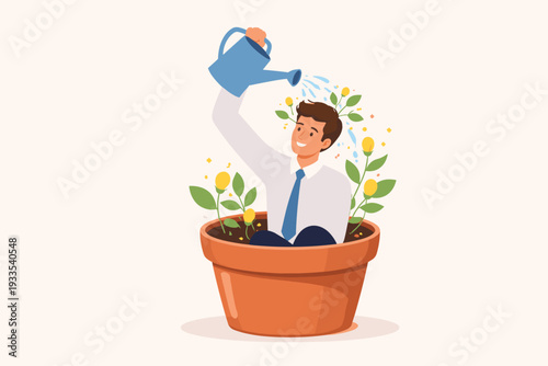 Businessman Sitting in a Flowerpot Watering Himself, Concept for Self-Improvement, Personal Growth, Professional Development, Nurturing Creative Ideas, Innovation and Mindset for Career Success