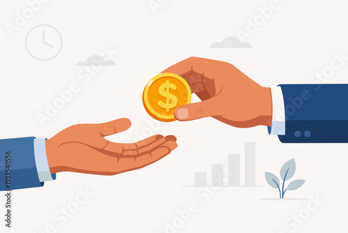 Boss Hand Giving Gold Dollar Coin to Employee, Salary Payment and Wage Concept, Business Transaction, Financial Reward, Investment, Profit, Bonus, Employer and Worker, Flat Vector Illustration