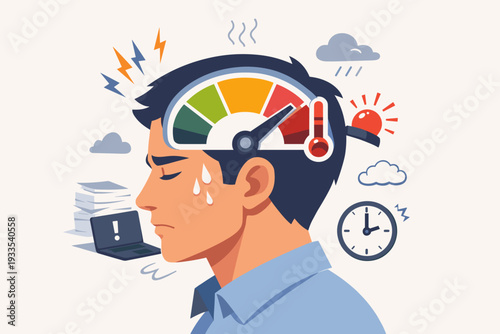 Stressed Man with High Pressure Level Gauge in Brain, Concept of Mental Burnout, Anxiety, and Work Overload with Deadline Clock, Paperwork, and Warning Siren Symbols in Vector Illustration