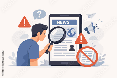 Man with magnifying glass scanning and checking news on smartphone to stop spreading fake news on digital media. Fact checking, misinformation, and media literacy concept vector illustration.