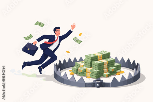 Businessman running towards a pile of money inside a large bear trap, representing financial risk, greed, investment scams, debt traps, and the dangers of chasing quick wealth in business.