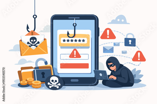 Mobile Phishing and Cyber Crime Concept Illustration with Hacker Stealing Password from Smartphone, Internet Security Breach, Data Theft, Malware Attack, and Fraudulent Email Scam Flat Vector