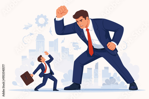 Giant Businessman in Suit Threatening a Tiny Professional with a Fist, Concept of Corporate vs Small Business Competition, Monopoly Power Struggle, Intimidation and Pressure in the Modern Workplace.