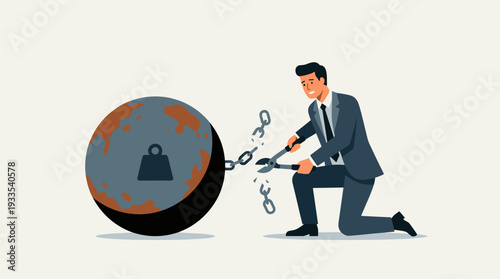 Businessman Cutting Heavy Chain from a Rusty Globe Iron Ball with Bolt Cutters, Concept of Overcoming Global Economic Crisis, Financial Freedom, Breaking Free from Debt and Burden, Vector Art