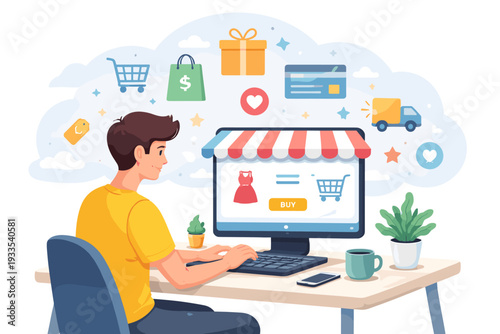 Young man sitting at a desk using a computer for online shopping on an e-commerce website with icons of delivery truck, gift box, credit card, and shopping bag in a cloud above his head.