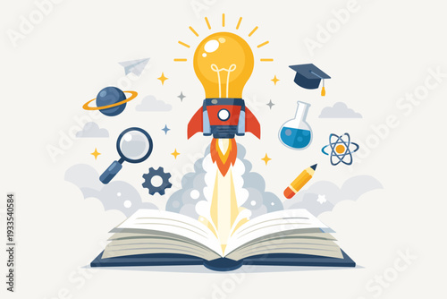 Creative Education and Learning Concept with Open Book and Rocket Lightbulb Launching, Featuring Science Icons like Graduation Cap, Beaker, Atom, and Pencil for Knowledge, Innovation, and Growth.