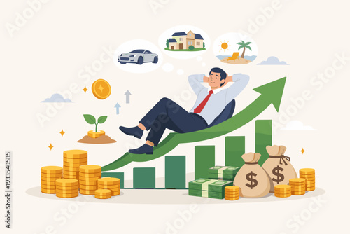 Successful Businessman Relaxing on Rising Green Arrow Chart Dreaming of Luxury Car House and Vacation, Investment Growth, Passive Income, Wealth Management, Profit and Financial Freedom Concept