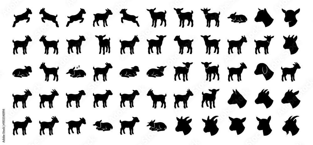 Obraz premium Huge bundle of baby goat silhouette vector graphics including full body poses, jumping kids, grazing livestock, and horned goat head portraits for farm animal logo templates.