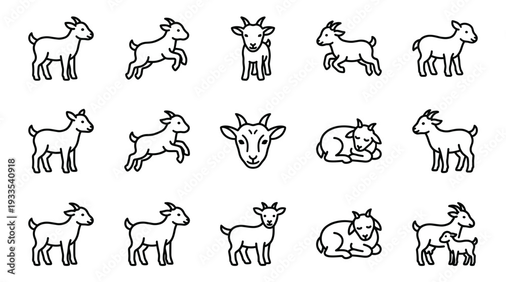 Obraz premium Cute baby goat line art vector illustration set featuring adorable little kid goats jumping, standing, resting, and smiling. Farm animal outline designs for kids coloring book.