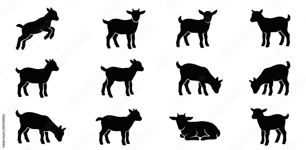 Fototapeta premium Collection of cute baby goat silhouette vector illustrations in various dynamic poses including jumping, standing, grazing, and resting for farm animal graphic design projects.